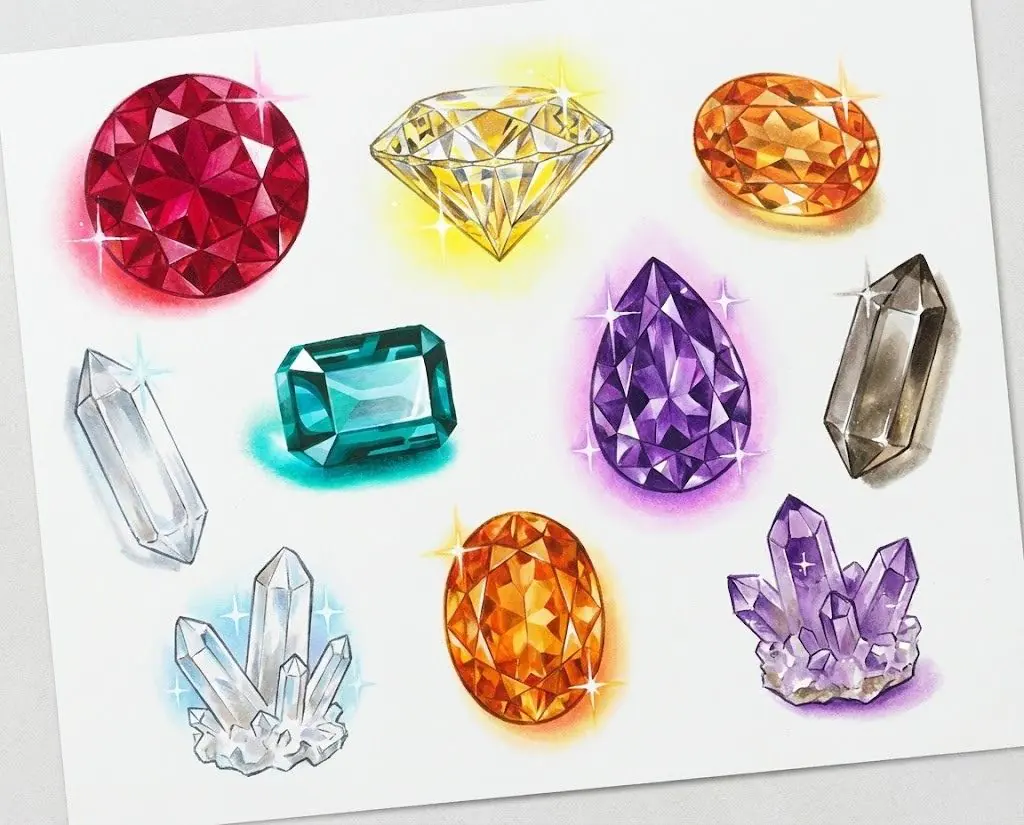 Sparkling gemstones and crystals drawn with the same glass-like layering technique