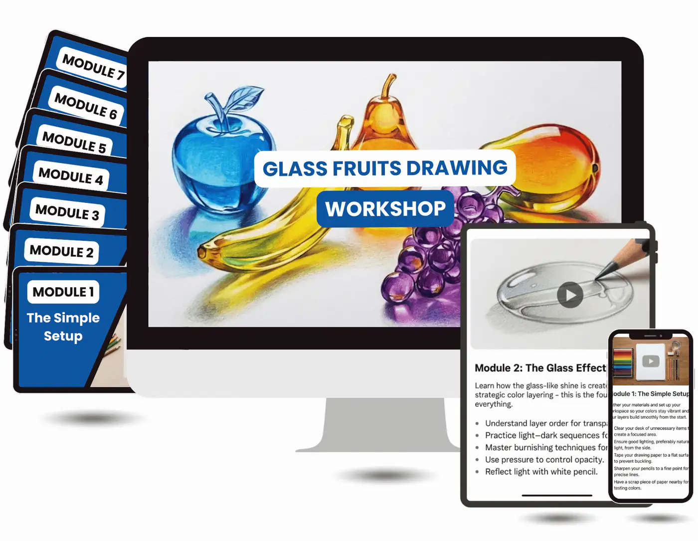 The Glass Fruits Drawing Workshop shown across desktop, tablet, and phone