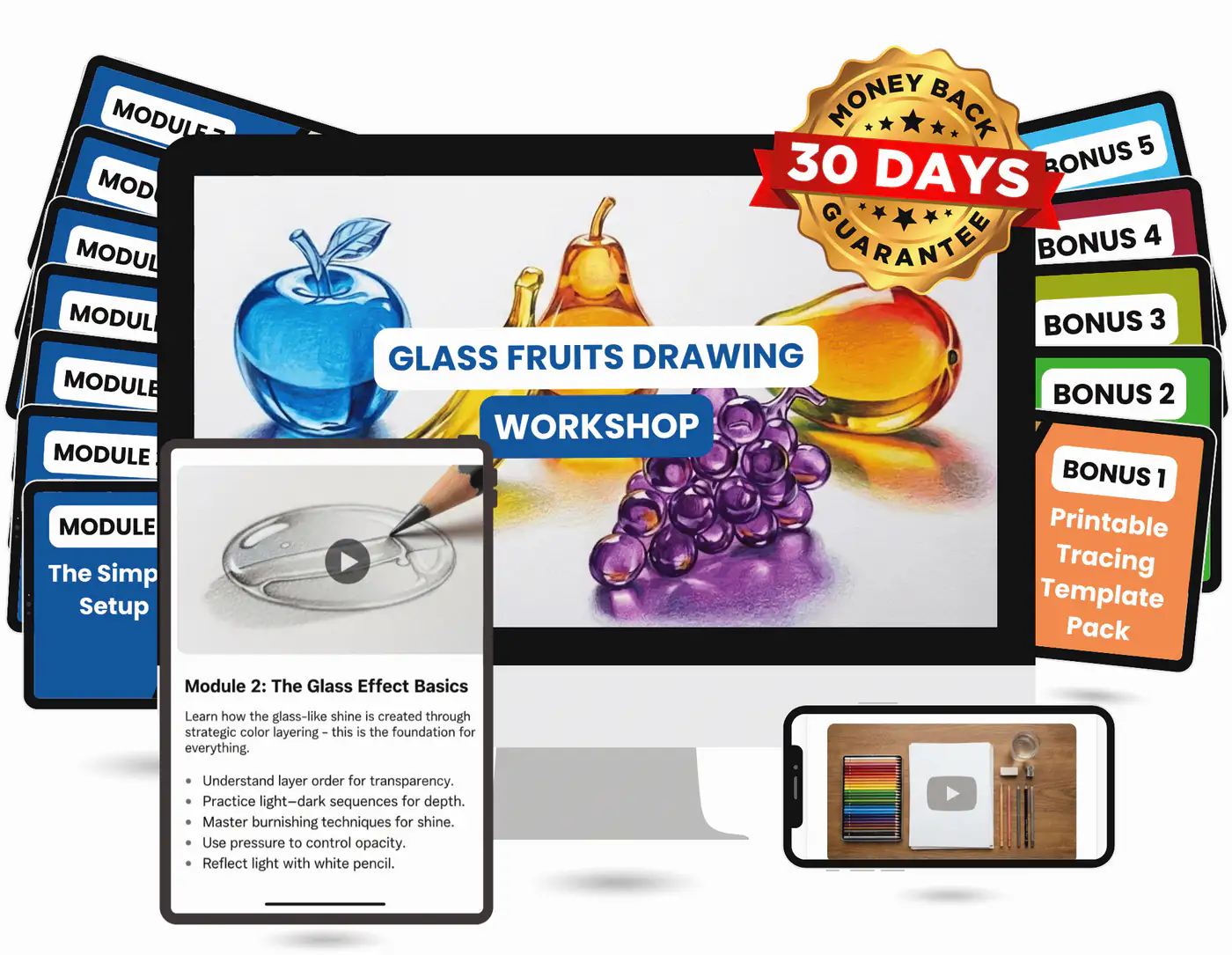 The Glass Fruits Drawing Workshop with all bonuses, shown across desktop, tablet, and phone