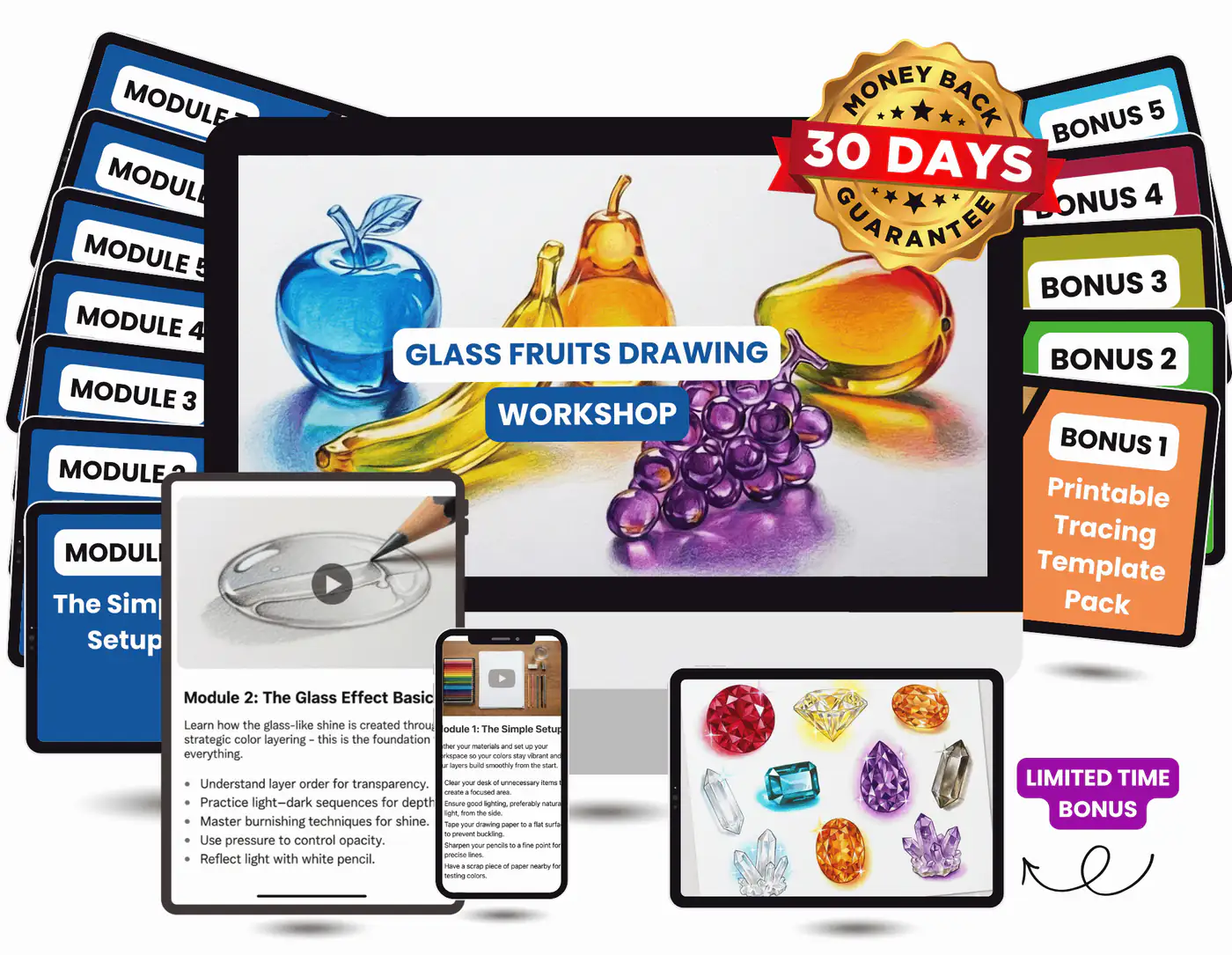 The Glass Fruits Drawing Workshop with all bonuses, shown across desktop, tablet, and phone