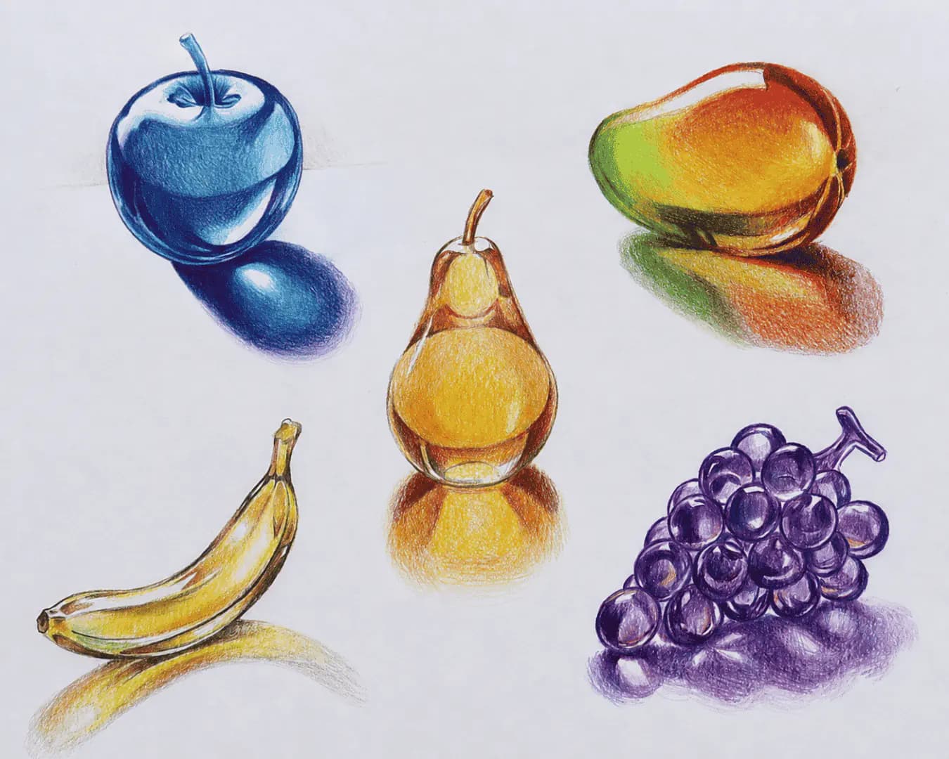 Five glossy, glass-like fruit drawings in colored pencil: apple, mango, pear, banana, and grapes