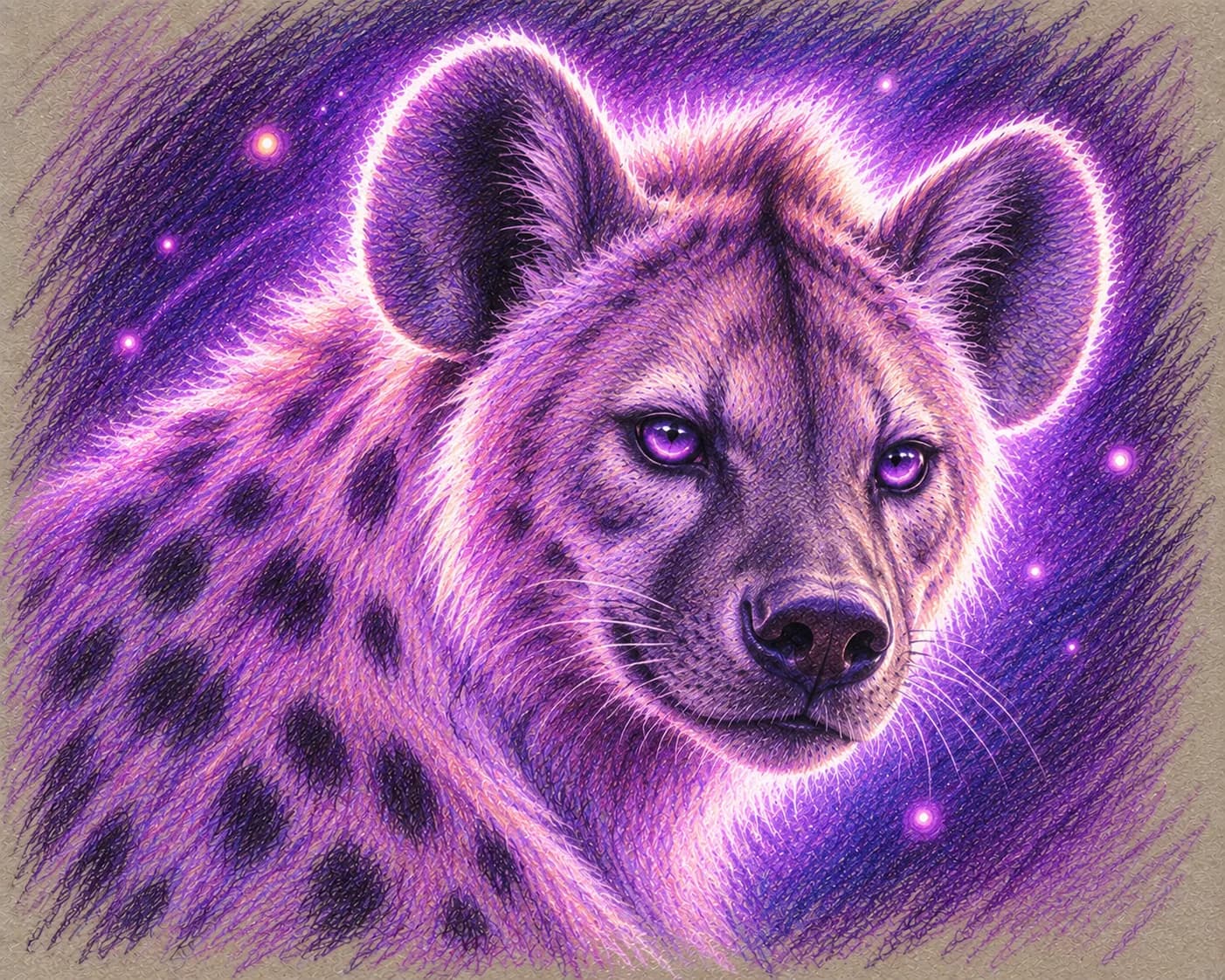 Glowing purple hyena portrait in colored pencil
