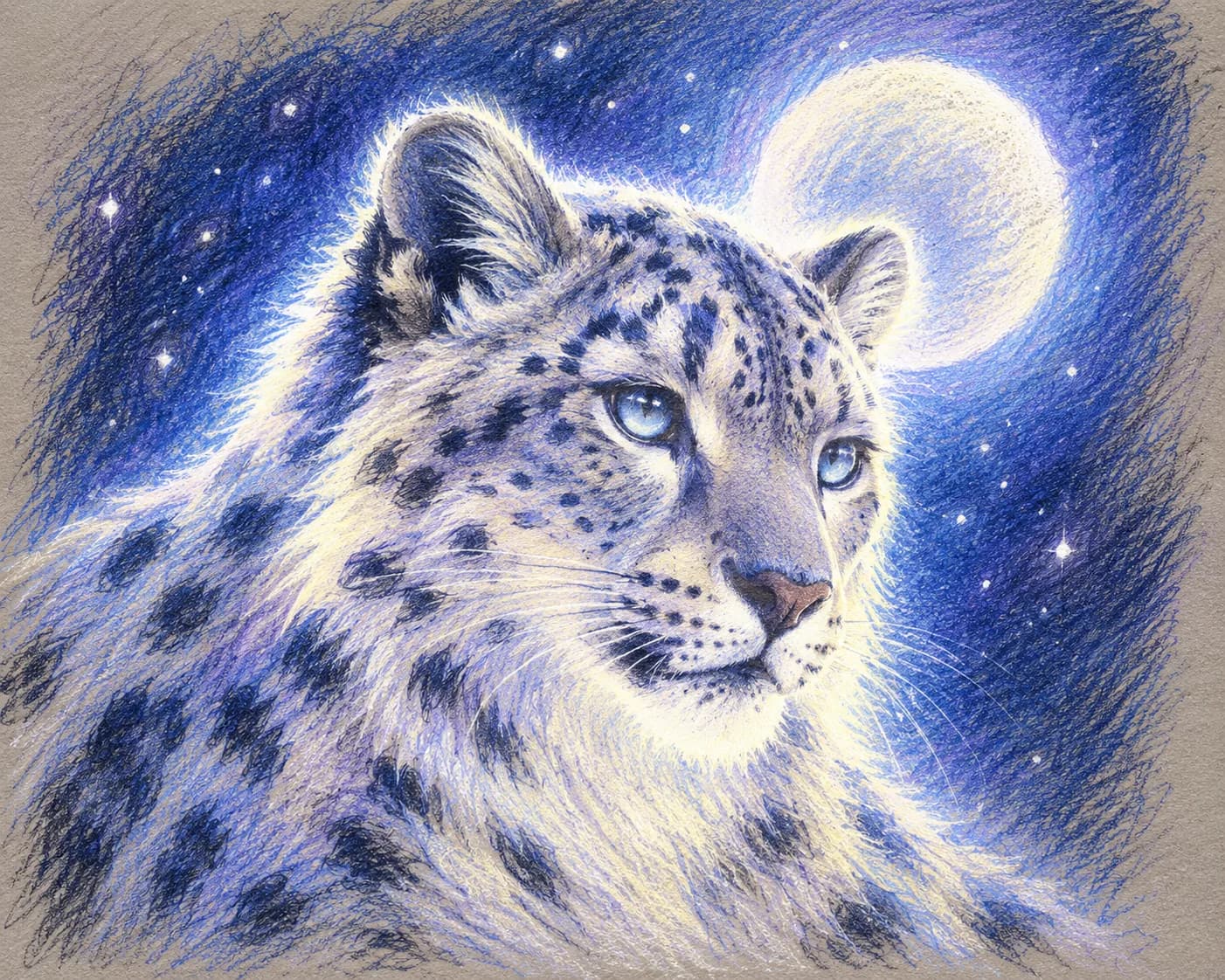 Glowing blue snow leopard portrait under moonlight